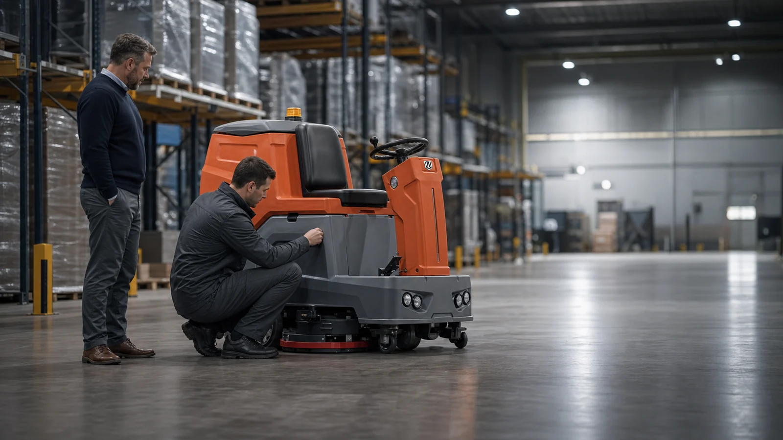 A field engineer commissioning a floor scrubber inside a logistics warehouse