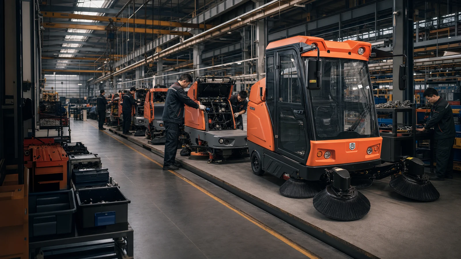 Orange and graphite industrial sweepers on a modern assembly line